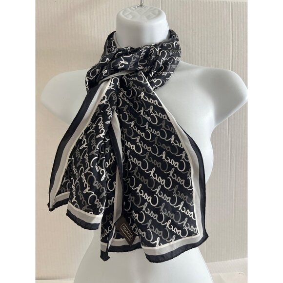 COACH 100% SIlk Scarf Black White Gray Cursive Logo 58" x 10" - Picture 6 of 8